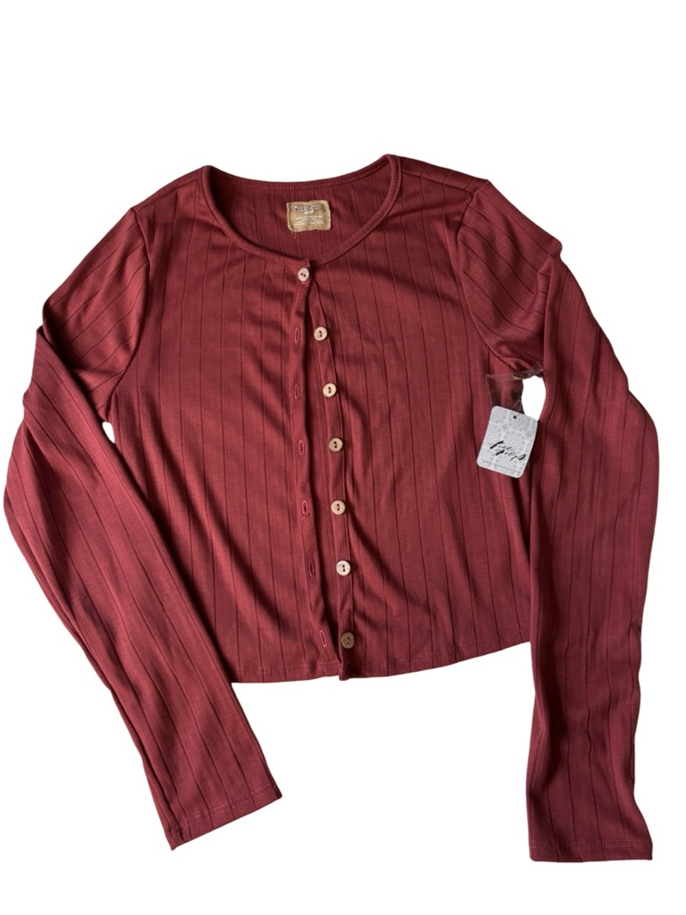 Free People Ribbed Button-Front Cropped Cardigan in Burgundy